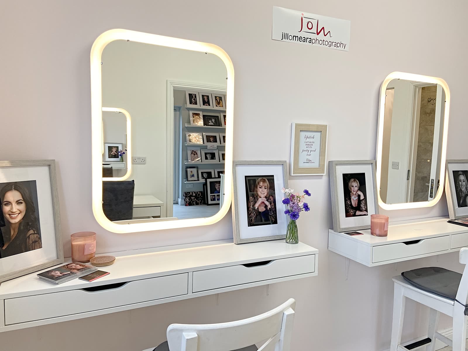 The dressing area with hair and make-up mirrors at the Enfield studio