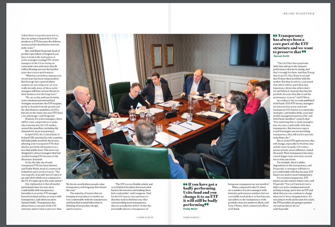 Funds Europe ETF roundtable spread — Transparency and ETF structure — photographed by Jill O'Meara