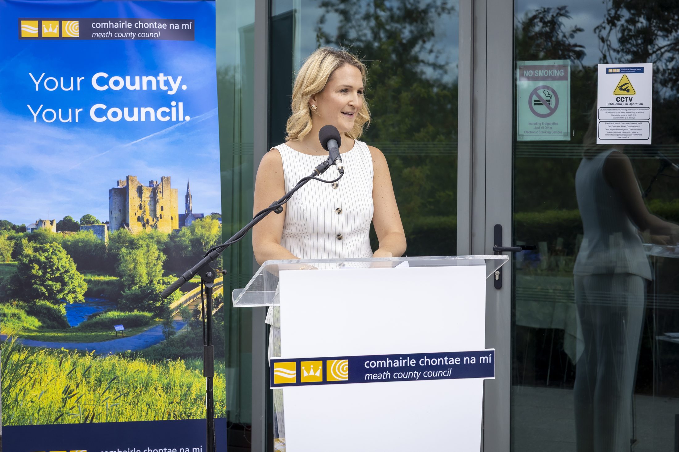 Government level commission, EU Presidency flag raising ceremony at Meath County Council, address at the podium, photographed by Jill O'Meara