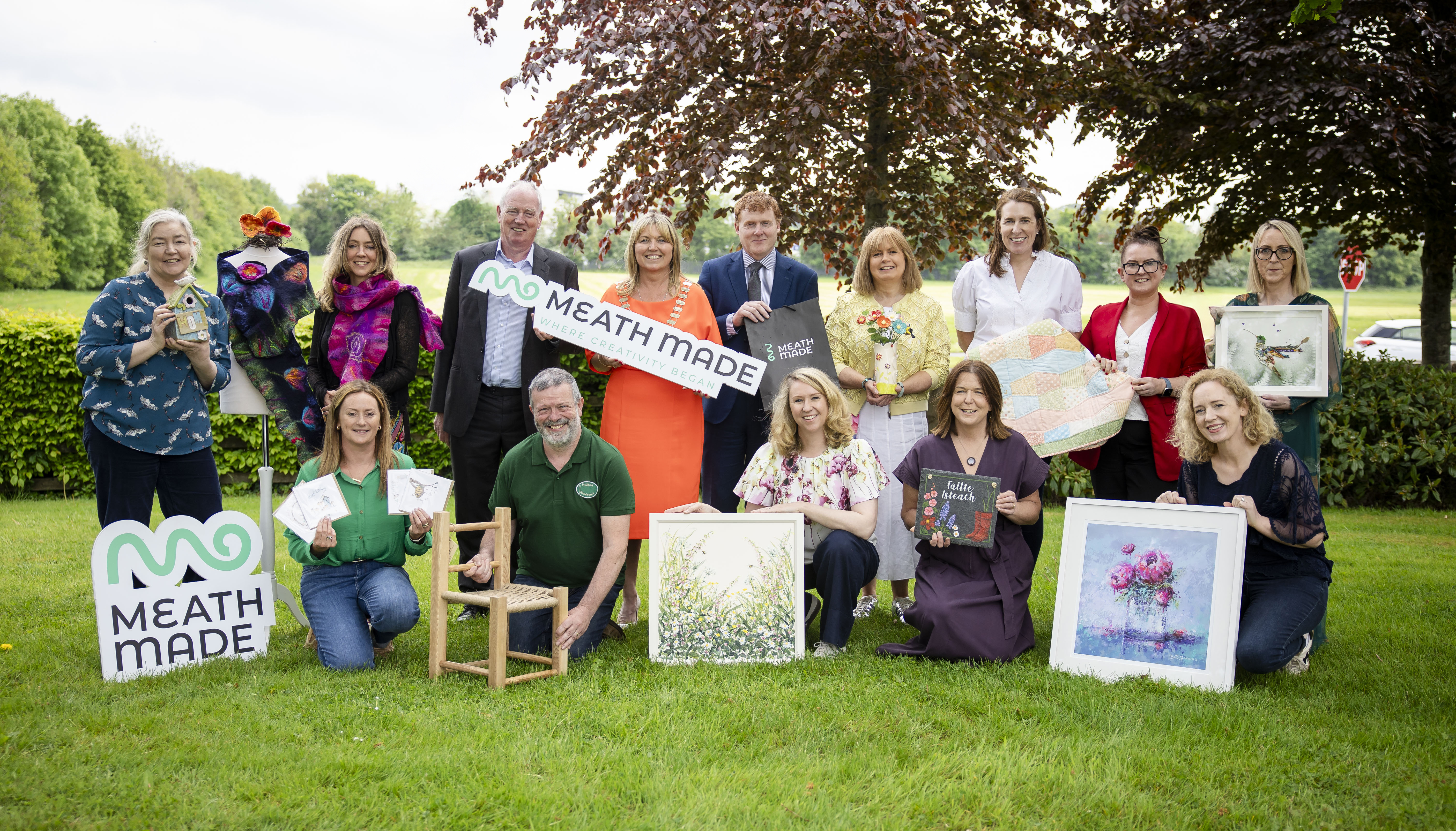Meath Made — Where Creativity Began — full group launch photo with Cathaoirleach of Meath County Council and the makers featured at Bloom in the Park, photographed by Jill O'Meara