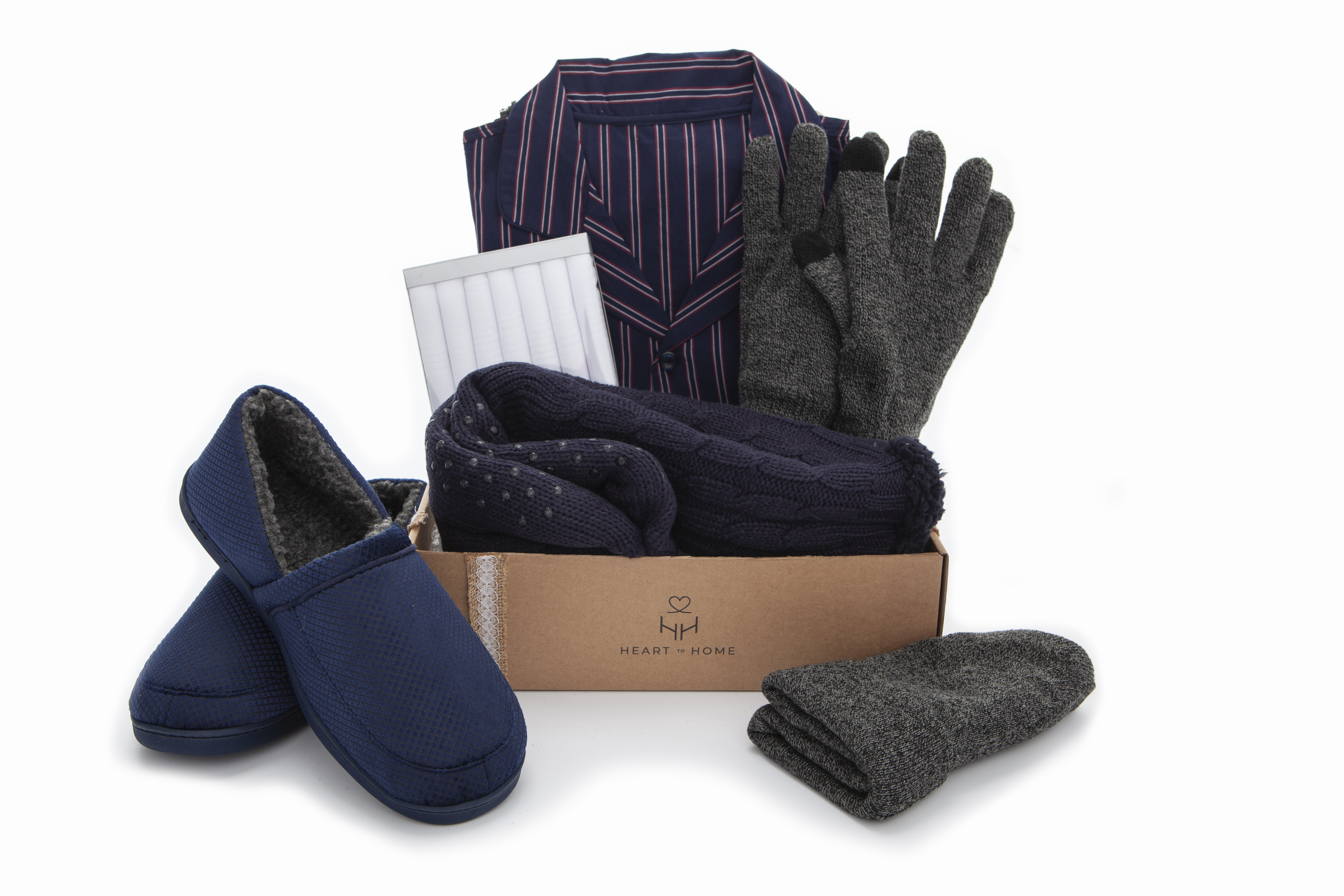 Heart to Home mens slipper and gift box product photography