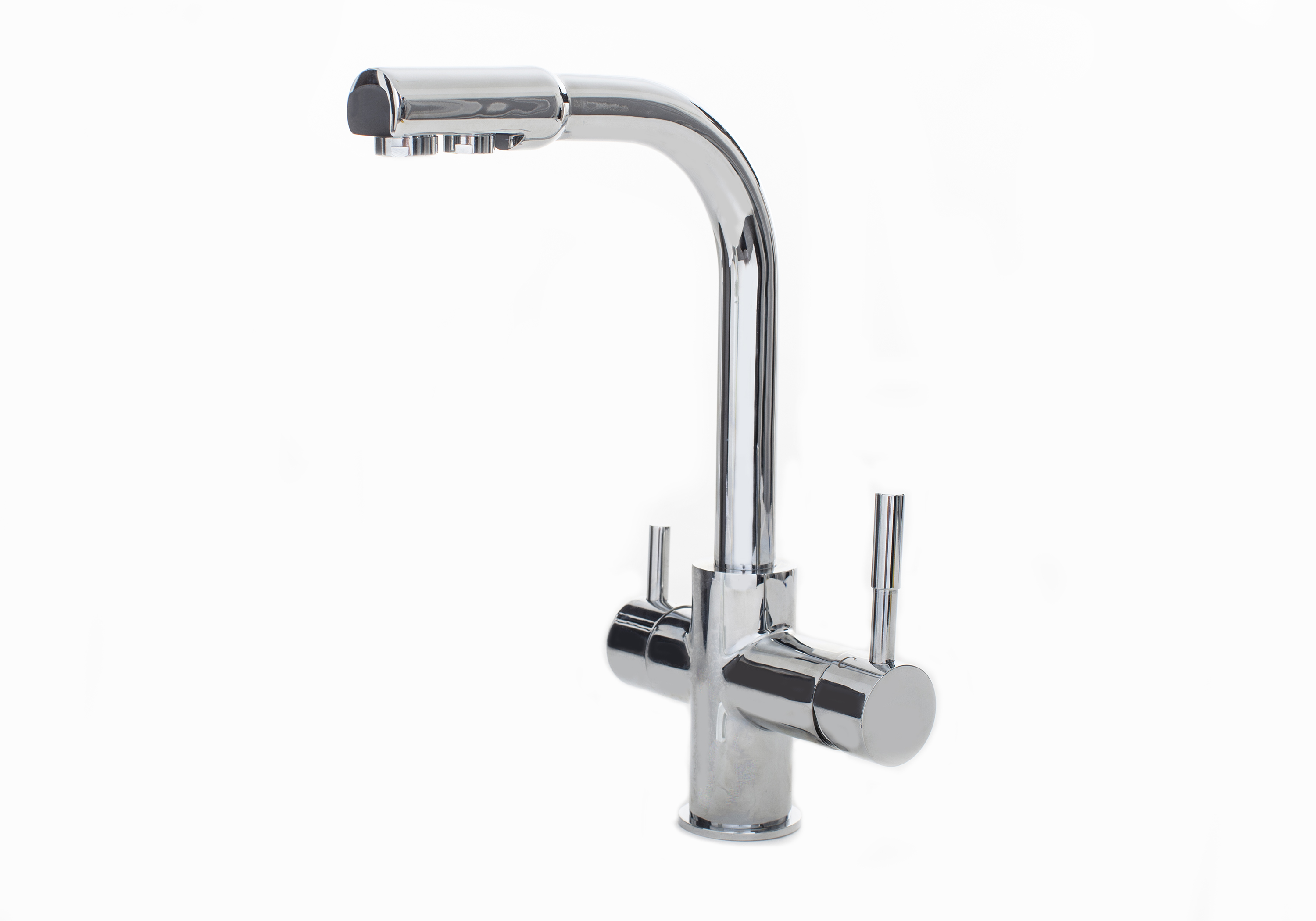 Chrome 3-way kitchen tap product photography